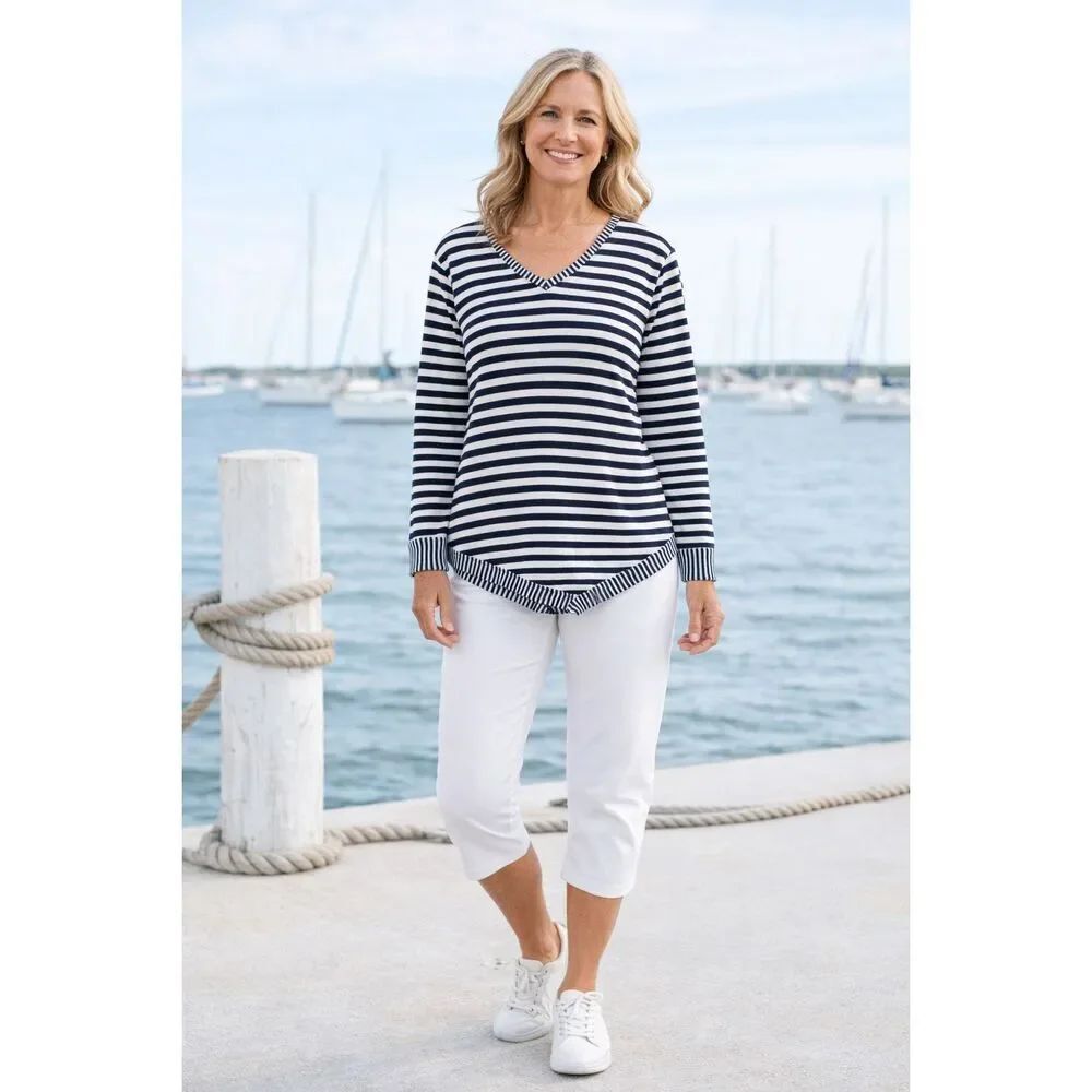 Fresh Produce Cotton Navy Stripe V Neck Top Long Sleeve Casual Women M